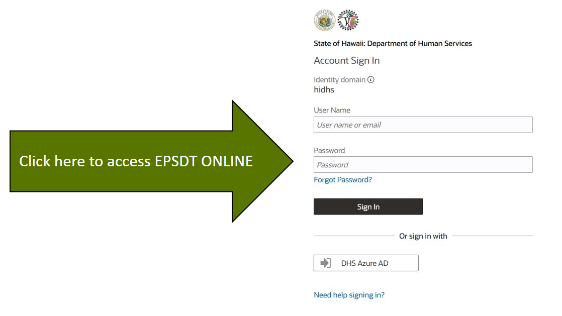 EPSDT portal login screen